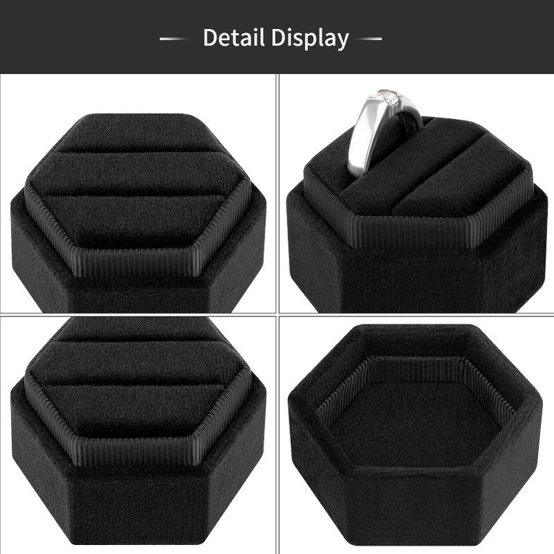 DesignSter Hexagon Velvet Ring Box - Premium Gorgeous Vintage Double Ring Display Holder with Detachable Lid for Proposal, Engagement, Wedding, Ceremony (Black) - Image 3